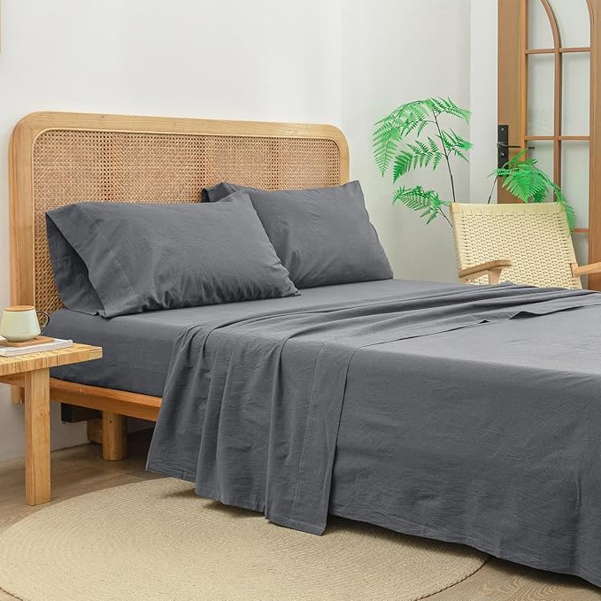 BESTOUCH Sheet Set 100% Washed Cotton Linen Feel Super Soft Comfortable Chic Lightweight 4 Pcs Home Bedding Set Solid Quiet Shade Grey King