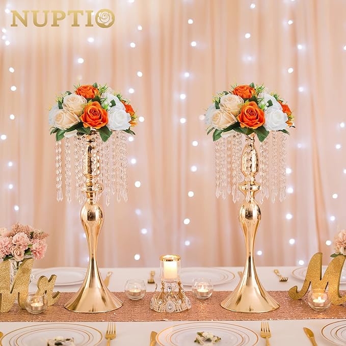 NUPTIO Flower Balls for Wedding Centerpieces - 2 Pcs 9.5 inch Diameter Fake Flower Ball Arrangement Bouquet Party Centerpieces for Tables - Orange Rose Bouquet Centerpiece Flowers for Table