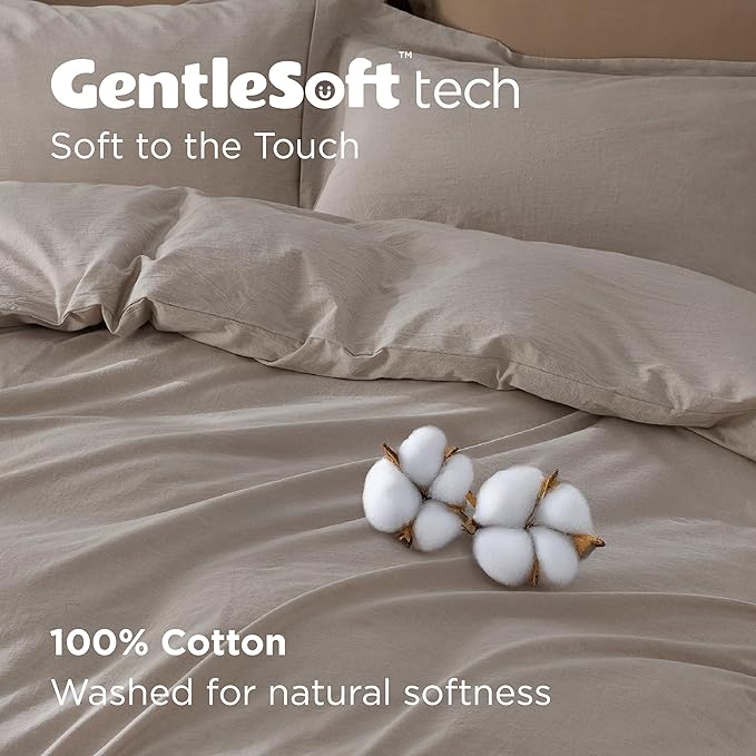 Bedsure 100% Washed Cotton Duvet Cover King Size - Natural Color Minimalist Cotton Duvet Cover for All Seasons - GentleSoft™ Plain Simple Bedding, 3 Pieces (Natural, King, 104"x90")