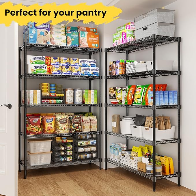 45" W Storage Shelves 5 Tier Wire Shelving with Shelf Liners, Adjustable Metal Garage Shelving, 1875LBS Heavy Duty Commercial Storage Rack for Pantry Kitchen, 45" W x 16" D x 72" H, Black