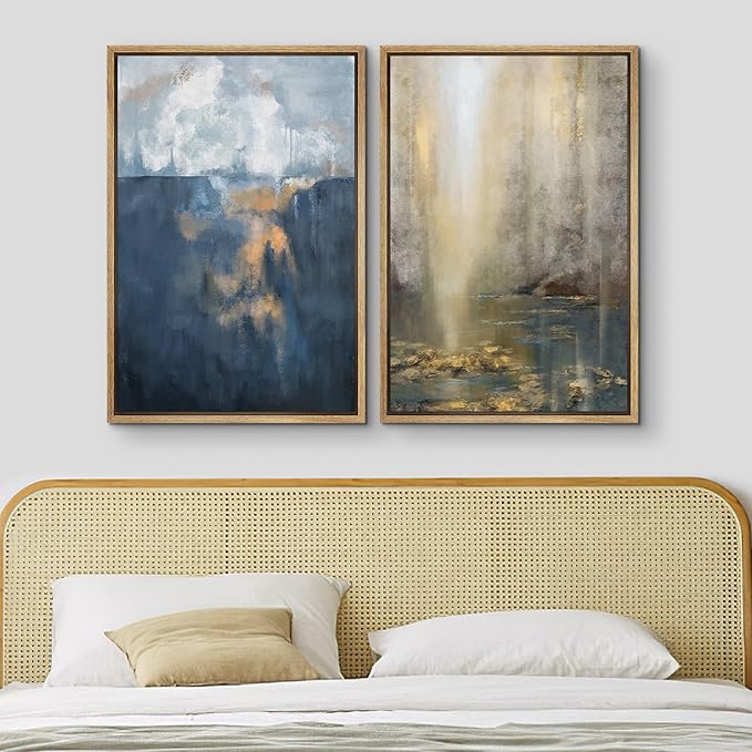MUDECOR Framed Canvas Print Wall Art Set Pastel Paint Stroke Landscapes Abstract Shapes Illustrations Modern Art Decorative Bohemian Calm/Zen for Living Room, Bedroom, Office - 16"x24"x2 Natural
