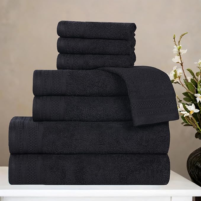 Superior Honeycomb Cotton Medium Weight Towels, for Guest Bath, Master Bathroom, Shower, Quick Dry, Adults, Home Essentials, Textured Waffle Border, Assorted Towel Set, 8 Piece Towel Set, Black