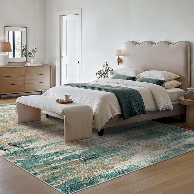 GENIMO Washable Rug-6x9 Area Rugs Lightweight Foldable, Modern Pet Friendly Low Pile Carpet for Living Room, Bedroom, Playroom, Emerald Ripples