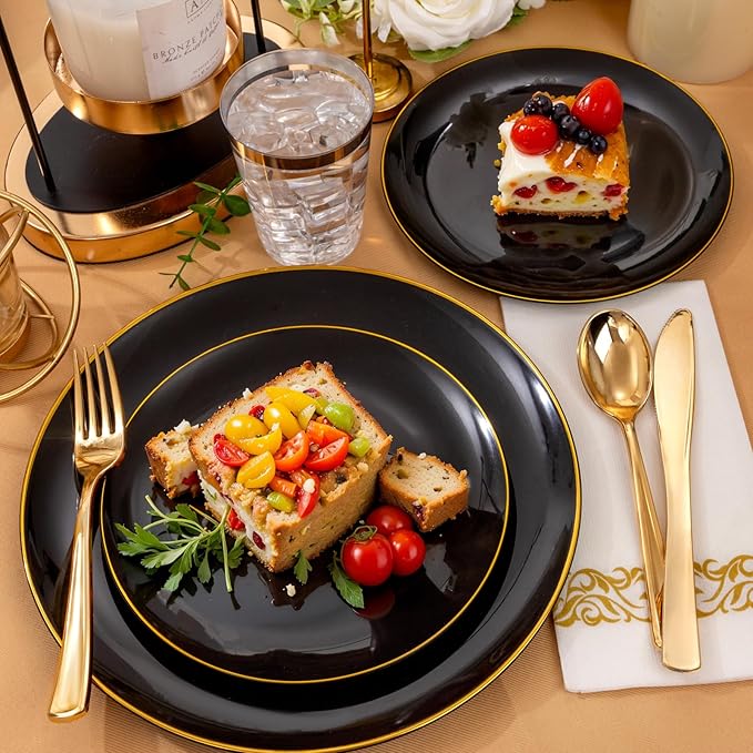 Supernal 350pcs Black & Gold Plastic Dinnerware Set, Elegant Black Plates with Golden Edges, Gold Plastic Silverware, Durable Tableware Perfect for Birthdays, Parties, Wedding, Celebration