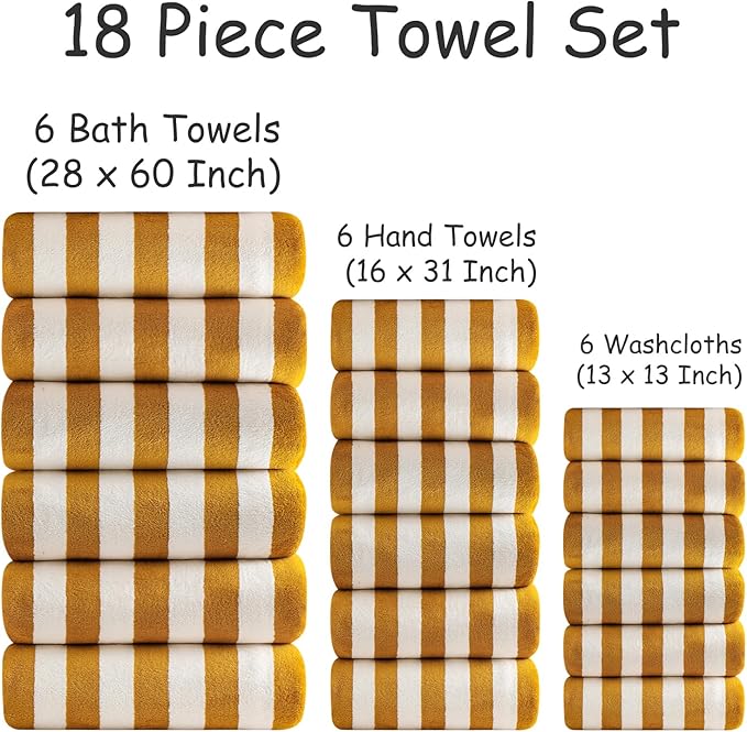 Oliven 18 Pcs Yellow Cabana Stripe Family Towels Set-6 Bath Sheets,6 Hand Towels,6 Washcloths Soft Jumbo Bathroom Towels Absorbent Shower Towel Quick Dry Beach Chair Towel Spa Gym Hotel Towel Set