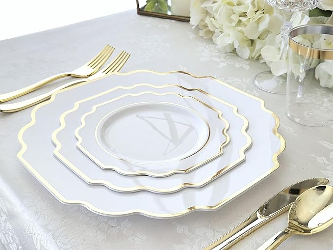 " OCCASIONS " 240 Plates Pack (120 Guests) Heavyweight Wedding Party Disposable Plastic Plates Set -120 x 10.5'' Dinner + 120 x 8'' Salad/Dessert Plate (Imperial White & Gold)