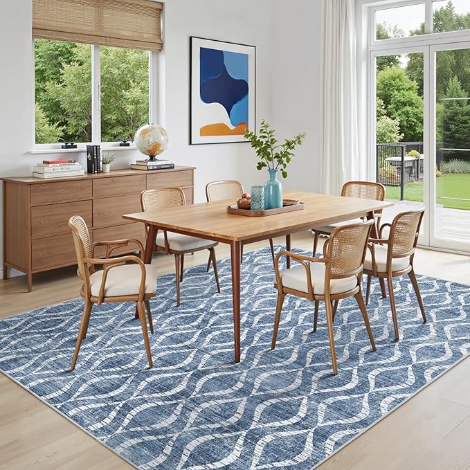 WITSHOCK Area Rugs 7x9: Washable Non-Slip Soft Geometric Low Pile Print Pattern Boho for Living Room Bedroom Dining Room, Large Thin Indoor Carpet for Nursery Playroom Decor, Kid & Pet Friendly, Blue