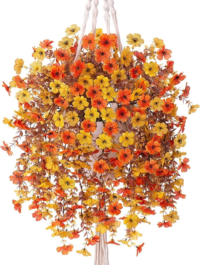 Artificial Fake Hanging Flowers Plants with Hanging Pot for Fall Outdoor Decor, Faux Silk Daisy Flowers in Planter Boxwood No Fade Fake Mums for Farmhouse Home Garden Autumn Plants(Yellow Orange)