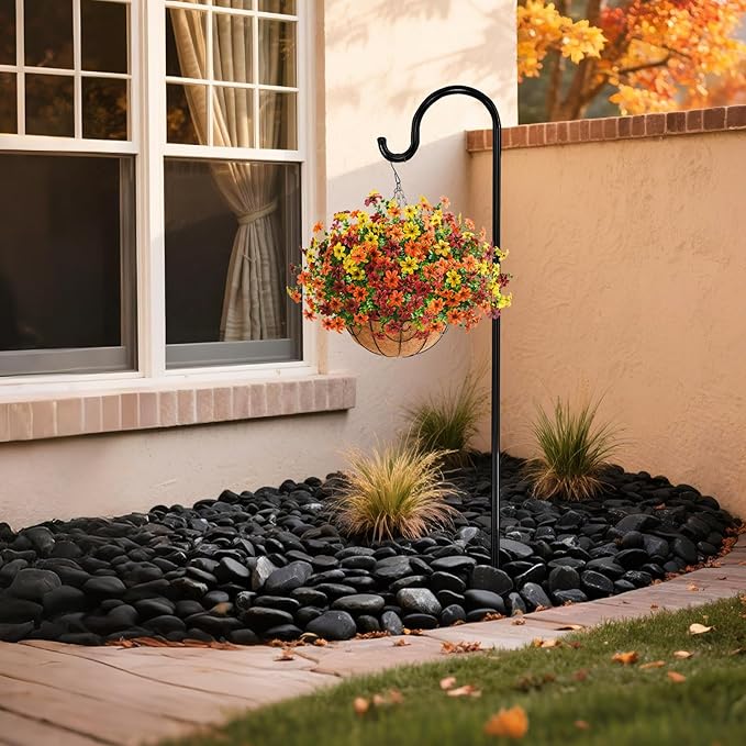 Artificial Flowers Hanging Basket Plants, Fake Mums Fall Decorations for Outdoor, Faux Silk Flower UV Resistant Autumn Decor for Outside Garden Patio Front Porch Balcony Window (Orange Brown Yellow)