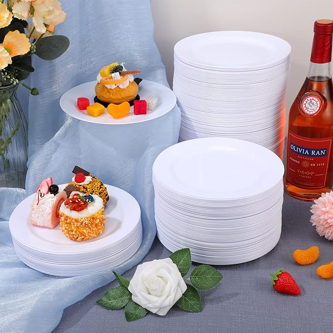 200 Pieces Disposable Plates Plastic Plates with Rim Hard Plastic Appetizer Salad Dessert Plates 7.5 Inch Heavy Duty Plates for Dinner Wedding Party Supplies(White)