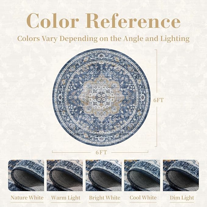 PADOOR-Vintage 6FT Round Rug-Rugs for Living Room-Soft Blue Circle Rug-Machine Washable Rugs for Bedroom-Non Slip Carpet-Rug for Dining Room Living Room Bedside Office