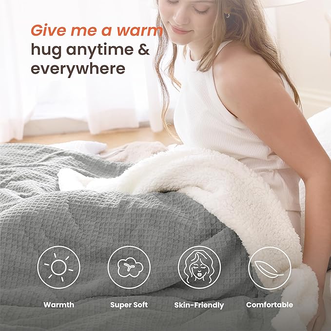 Heated Blanket Electric Blanket Full Waffle,72x84 Inches Sherpa Fleece Fast Heating Blanket 6 Heating Levels & 10 Hours Auto Off ETL Certification,Light Grey Full