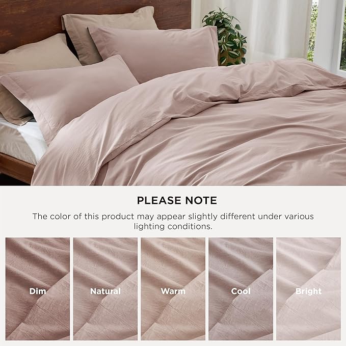 Bedsure 100% Washed Cotton Duvet Cover King Size - Petal Pink Minimalist Cotton Duvet Cover Linen Like for All Seasons - GentleSoft™ Plain Simple Bedding, 3 Pieces (Petal Pink, King, 104"x90")