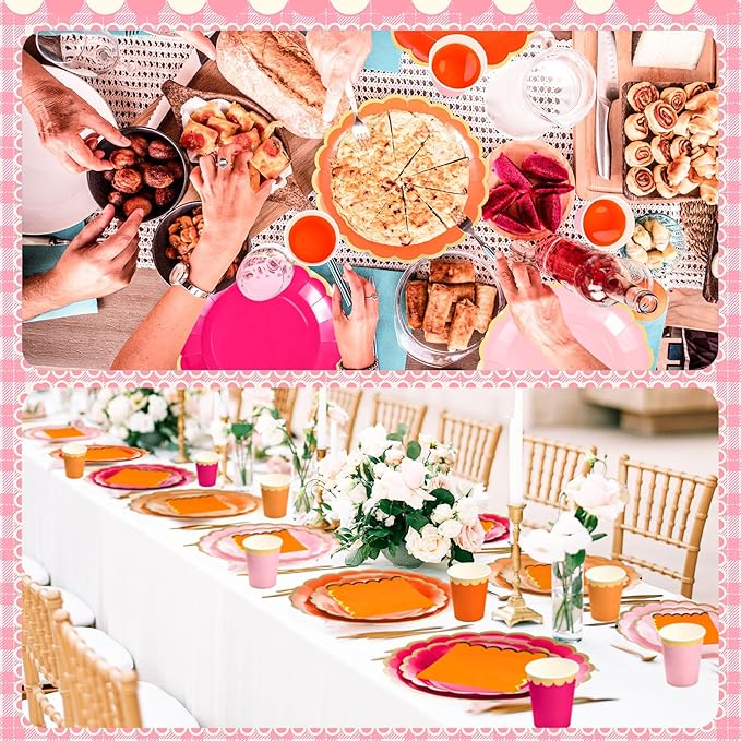 169 Pcs Pink and Orange Plates and Napkins Party Supplies for Guests Hot Pink Orange Tableware Include Scalloped Plates Paper Napkin Cup Spoon Fork Knife for Baby Shower, Wedding, Birthday