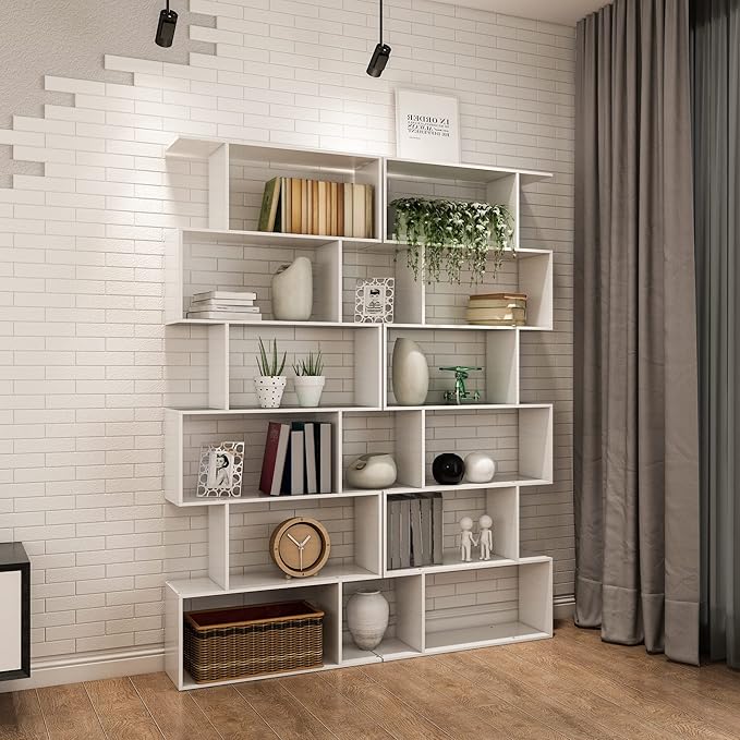 Yusong S Shaped Bookshelf, Modern Geometric Bookcase, 6-Tier White Display Case Book Shelf