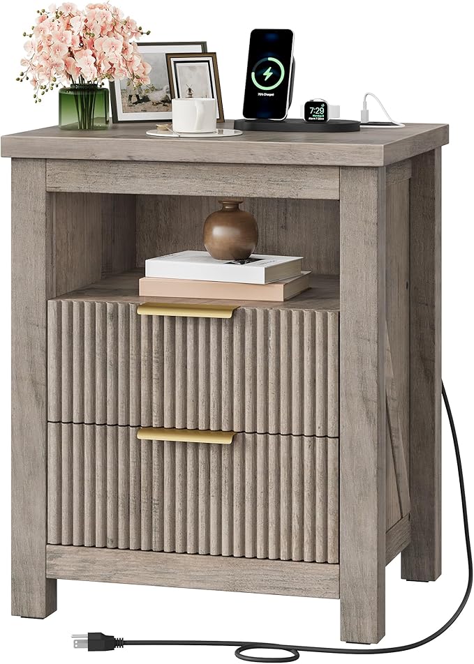 Fluted Nightstand, End Table with Charging Station and 2 Drawers, Farmhouse Nightstands with Fluted Panel, Engineered Wood Side Table for Bedroom Greige MBZ06UFH