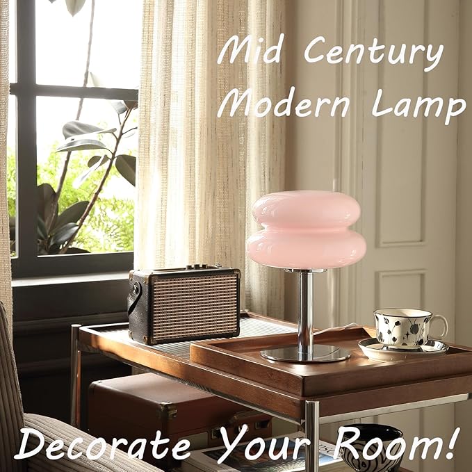 Mushroom Lamp for Bedroom,Mid Century Modern Lamp for Nightstand, Dimmable Retro Egg Tart Bedside Small Lamps,Unique Home Mushroom Decor Aesthetic Cute Table Lamps for Living Room (Pink)