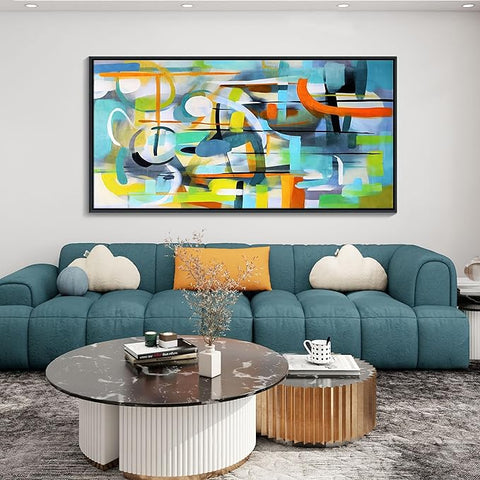 Mofutinpo Abstract Wall Art Framed Pictures for Living Room Wall art - Large Modern Abstract Canvas Wall Decoration-Colorful Wall Art-Teal And Blue Line Art - Graffiti Paintings for Bedroom 29×58IN