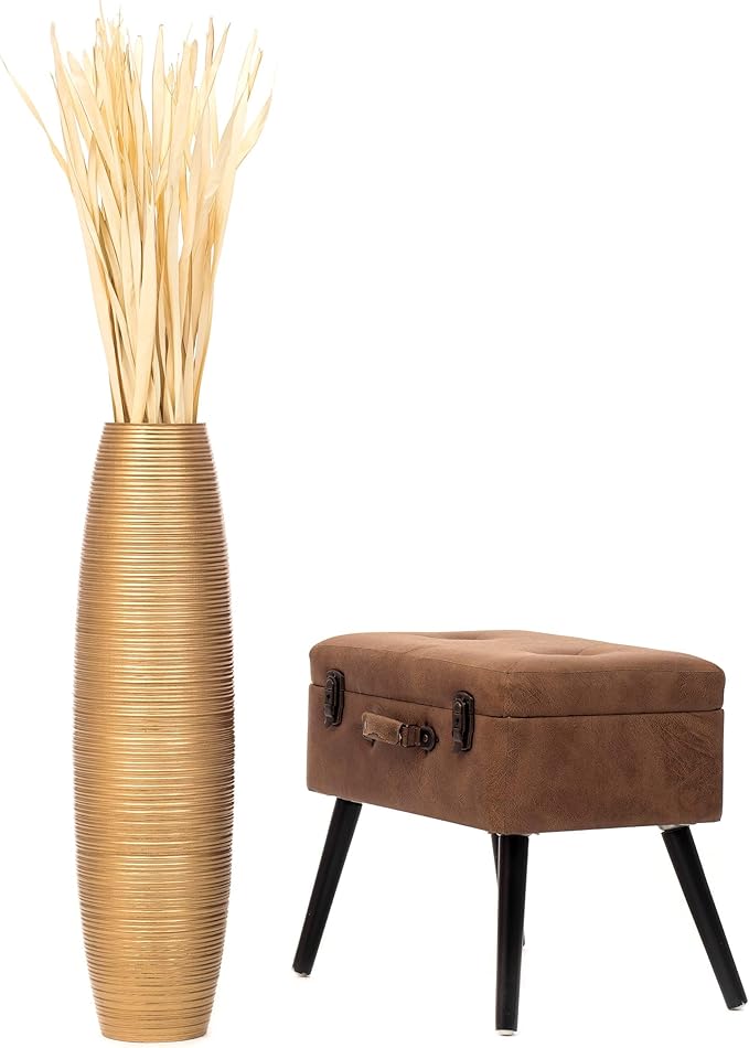Leewadee Large Gold Home Decor Floor Vase – Wooden 26 inches Tall Farmhouse Decor Flower Holder for Fake Plant and Pampas Grass