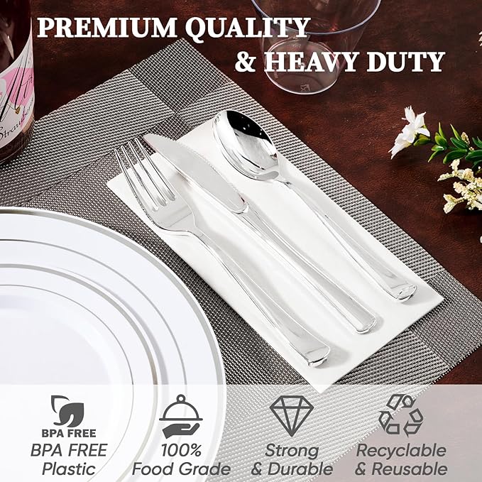 FOCUSLINE 600 Ct Silver Dinnerware Set for 100 Guests - Silver Rimmed White Disposable Plastic Plates, Includes 100 Dinner & Salad Plates, Cups, Cutlery Set for Wedding Parties