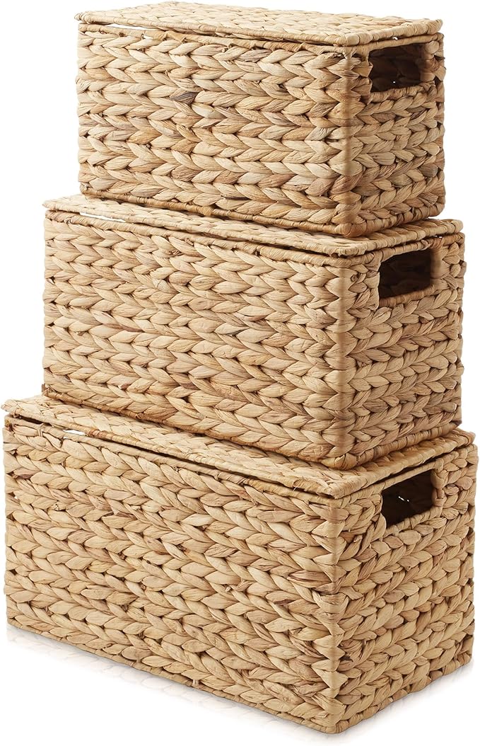 Casafield Set of 3 Water Hyacinth Storage Baskets with Lids, Natural - Small, Medium, Large Woven Nesting Bins for Bathroom, Bedroom, Closets, Shelves