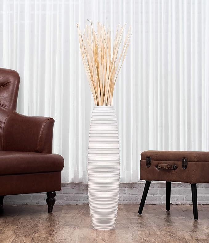 Leewadee Large White Home Decor Floor Vase – Wooden 28 inches Tall Farmhouse Decor Flower Holder for Fake Plant and Pampas Grass