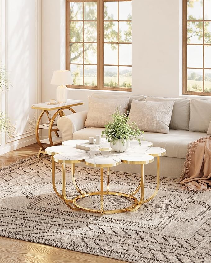 LITTLE TREE 39.37-Inch White and Gold Coffee Table, Modern Flower-Shaped Center Table with Faux Marble Top & Metal Frame, Floral Accent Coffee Table for Living Room, Bedroom, Lounge