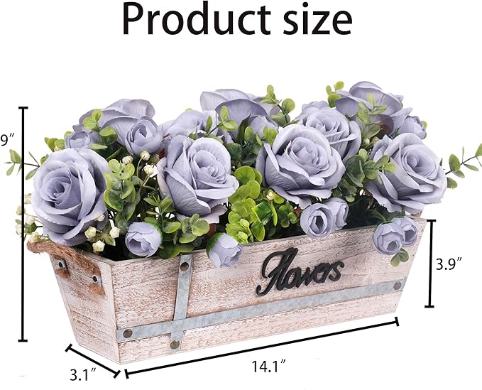 Centerpiece Table Decorations Rustic Wood Tray with 3 Artificial Dusty Blue Rose Flowers and Fake Eucalyptus for Dining Room Farmhouse Living Room Kitchen and Coffee Table Décor