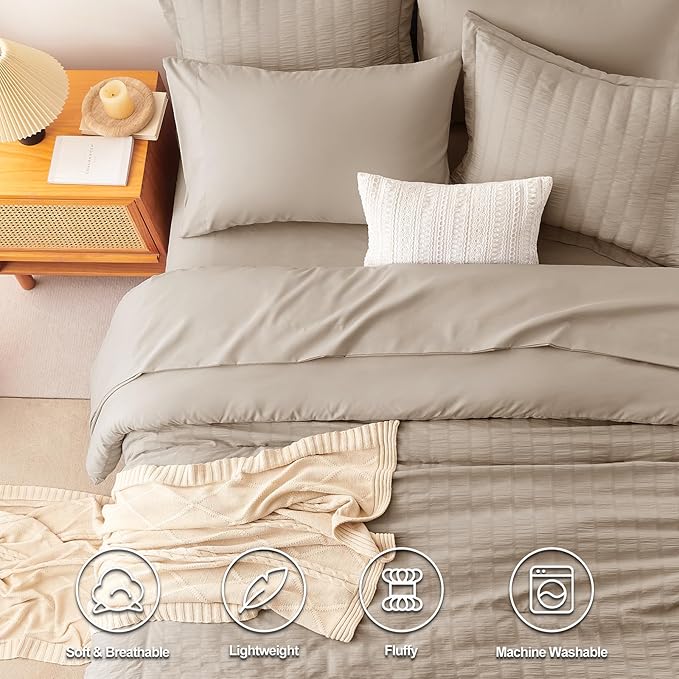 CozyLux Queen Comforter Set Khaki Seersucker 7 Pieces Bed in a Bag Queen Comforter Set with Sheets, Luxury Soft Bedding Set with Down Alternative Comforter, Sheets, Pillowcases & Shams for All Seasons