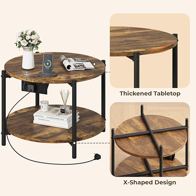 LIKIMIO Round End Table with Charging Station, 23.6" W Wooden Side Table with 2-Tier Storage, Modern Nightstand for Small Spaces, Living Room, Bedroom, Rustic Brown