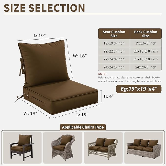 Premium Outdoor Seat Cushion Chair Cushions for Patio Furniture 19 L X 19 W X 4 H Waterproof & Fade Resistant Deep Seat and Backrest Cushion Set with Removable Covers for Chair, Sofa