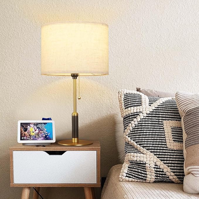 21" Set of 2 Modern Table Lamp Bedside Lamps for Bedroom Living Room Nightstand Lamp for End Tables 3-Color Temperatures Pull Chain Wood Fabric for Home Office Desk Decor (Light Brown+Brass)