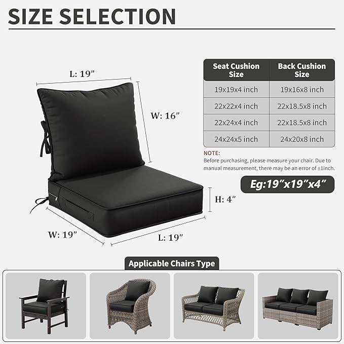 Premium Outdoor Seat Cushion Chair Cushions for Patio Furniture 19 L X 19 W X 4 H Waterproof & Fade Resistant Deep Seat and Backrest Cushion Set with Removable Covers for Chair, Sofa