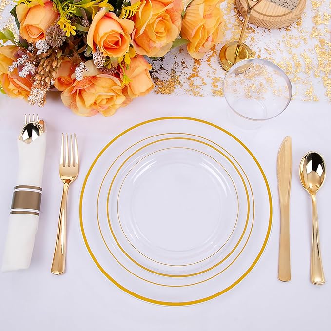 WELLIFE 210PCS Clear-Gold Plastic Plates - Dinnerware Sets for 30 Guests - 60 Disposable Plates, 90 Plastic Silverware, 30 Cups, 30 Napkins for Party