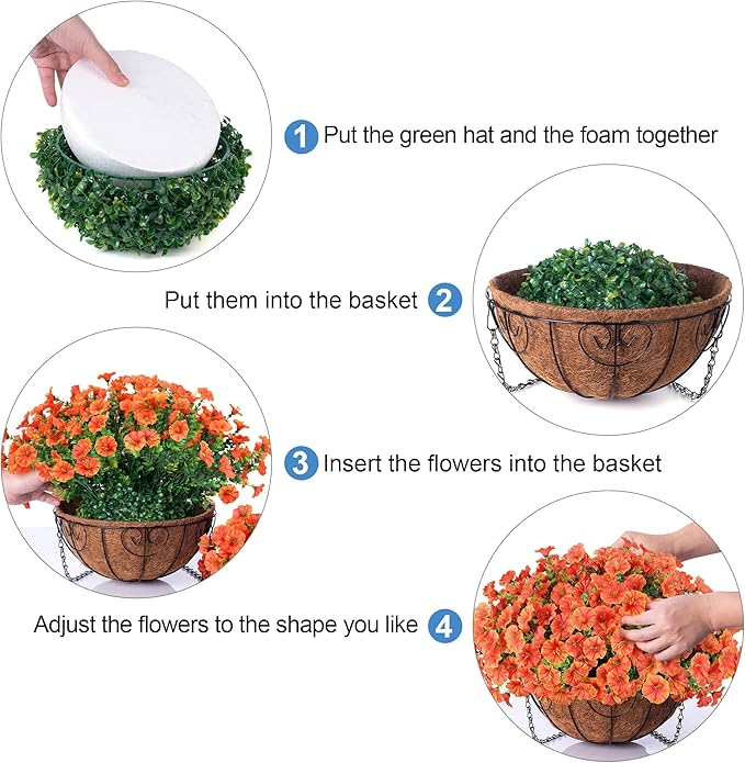 Artificial Fall Hanging Flower Plants Basket for Outdoors, Fake Flowers 12 Bundles Faux Silk Morning Glory for Planter Realistic UV Resistant Artificial Flowers for Outside Porch Garden Patio, Orange