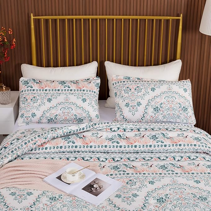 CLOTHKNOW Green White Queen Comforter Set Floral Botanical Bedding Comforter Sets Boho Comforter Pumpkin Comforter Queen