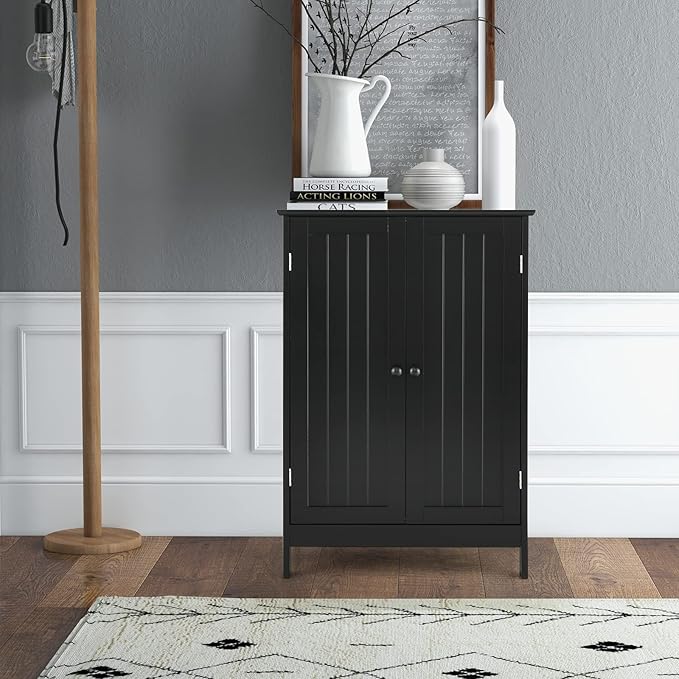 GLACER Bathroom Floor Cabinet, Wooden Storage Cabinet with Double Doors, Suitable for Bathroom, Living Room, Entryway, 23.5 x 14 x 34 inches (Black)