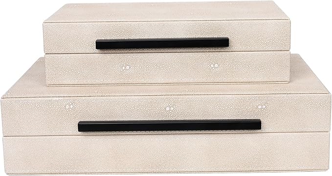 Large Decorative Storage Box with Lid - Modern Ivory Shagreen Leather Jewelry Organizer Box, Stackable Home Decor Box for Bedroom, Bathroom & Office