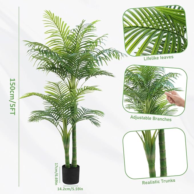 5FT Artificial Golden Cane Palm Tree – Realistic Faux Indoor & Outdoor Plant with Weighted Pot, UV Resistant & Easy Assembly Plastic Tropical Tree for Home or Office Décor