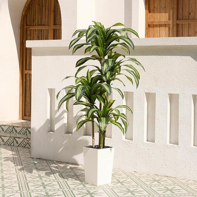 Artificial Dracaena Tree 6ft – UV Resistant Tall Fake Plant with Large Taper Planter & Pebbles– Large Potted Faux Tree for Indoor & Outdoor, Living Room, Office, Porch, Home Decor, VN127