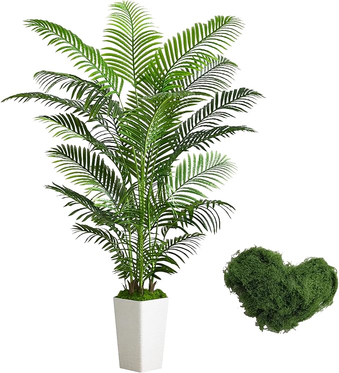 Artificial Palm Tree Artificial Silk Plant Fake Tree with White Tall Planter Faux Tropical Areca Floor Plant in Pot (1, White Tall Planter, 6 FT)