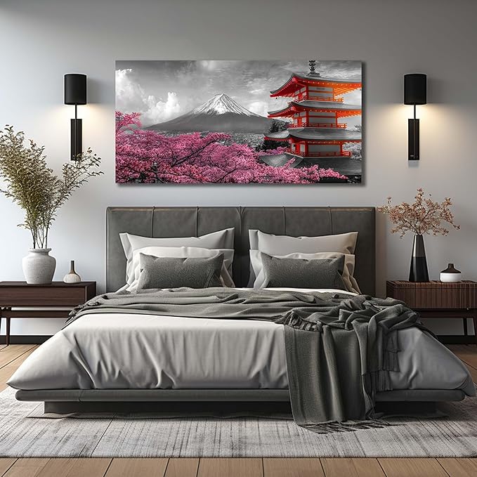 Mount Fuji Wall Art for Living Room Japanese Wall Decor for Bedroom Cherry Blossom Canvas Wall Art for Dining Room Size 24 x 48 Inch