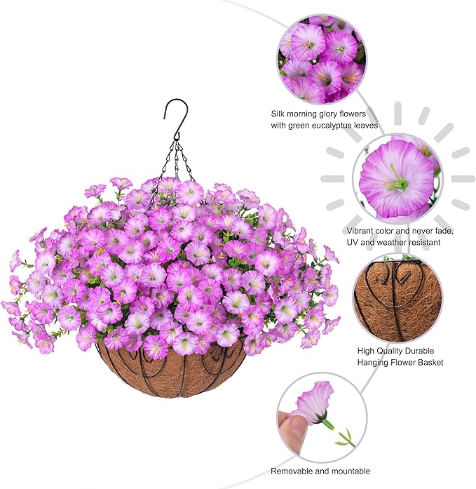 Ivydale Artificial Fake Hanging Flowers Plants in Basket for Outdoor Decoration, 12 Pcs Faux Morning Glory in Planter Realistic UV Resistant Silk Flowers for Home Porch Patio Balcony Yard Outside
