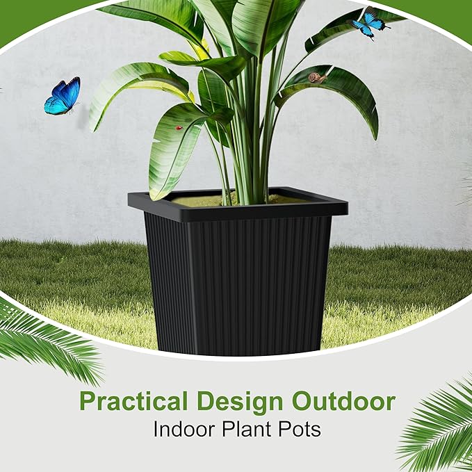 24-Inch Tall Planters Set of 2 for Outdoor and Indoor Use,Tapered Flower Pots with Drainage Tray, Front Porch and Patio Decor,Ideal for Large Plants (Stripes-Black)