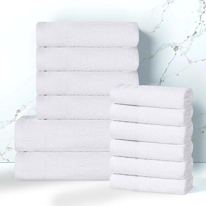 Superior Honeycomb 100% Cotton 500 GSM 12 Piece Bath Towel Set, 6 Washcloths, 4 Hand, 2 Bath Towels, Ideal for Bathroom, Kitchen or Beach, Quick Dry, Jacquard and Solid, Mid-Weight, White