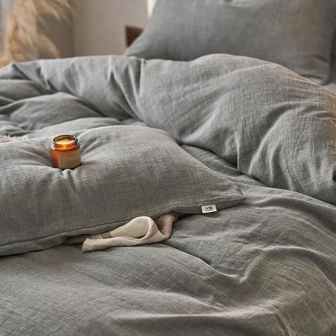 VM VOUGEMARKET Muslin Cotton Duvet Cover Queen Size-Ultra-Soft, Breathable & Lightweight Linen Like Gauze Textured Comforter Cover with Zipper Closure Minimalist Duvet Cover Set- 90"x90",Grey