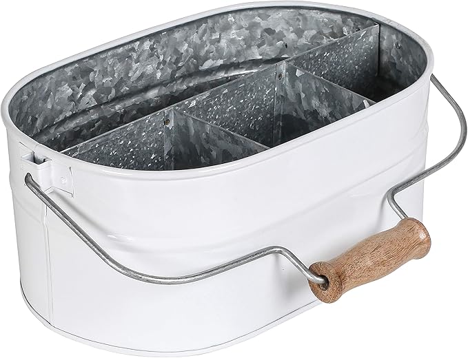 Alpha Living Home Rustic Galvanized Heavy Duty Metal Utensil Caddy – 4-Compartment Organizer with Removable Handle, White Farmhouse Chic Design for Kitchen, Picnics & Parties (White)