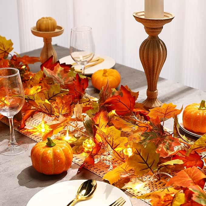 VIHOSE 2 Pack Thanksgiving Maple Leaves Garland Fall Decor 11.5 ft 40 LED with Pumpkin Lights Battery Operated and Timer Remote for Home Thanksgiving Halloween Decor(Orange Green)