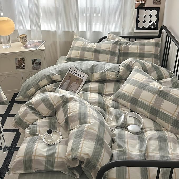 VM VOUGEMARKET Green Plaid Duvet Cover Sets Queen,3 Pieces Gingham Comforter Cover with Zipper Closure & Corner Ties for Men Boys Simple Modern Bedding Set (90"x90")