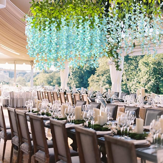 24 Pack Artificial Fake Wisteria Vine Ratta (3.75 Feet) Hanging Garland Silk Flowers String Home Party Wedding Decor (Sky Blue)